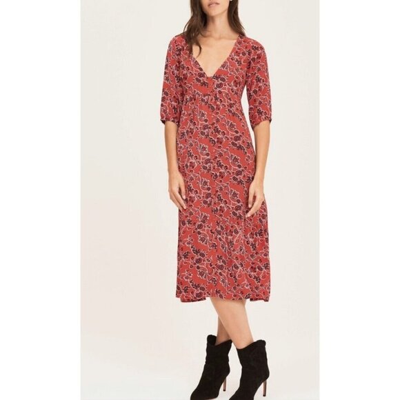 Ba&sh Jazz V Neck MIDI Dress Red 1 1483 - Picture 1 of 8